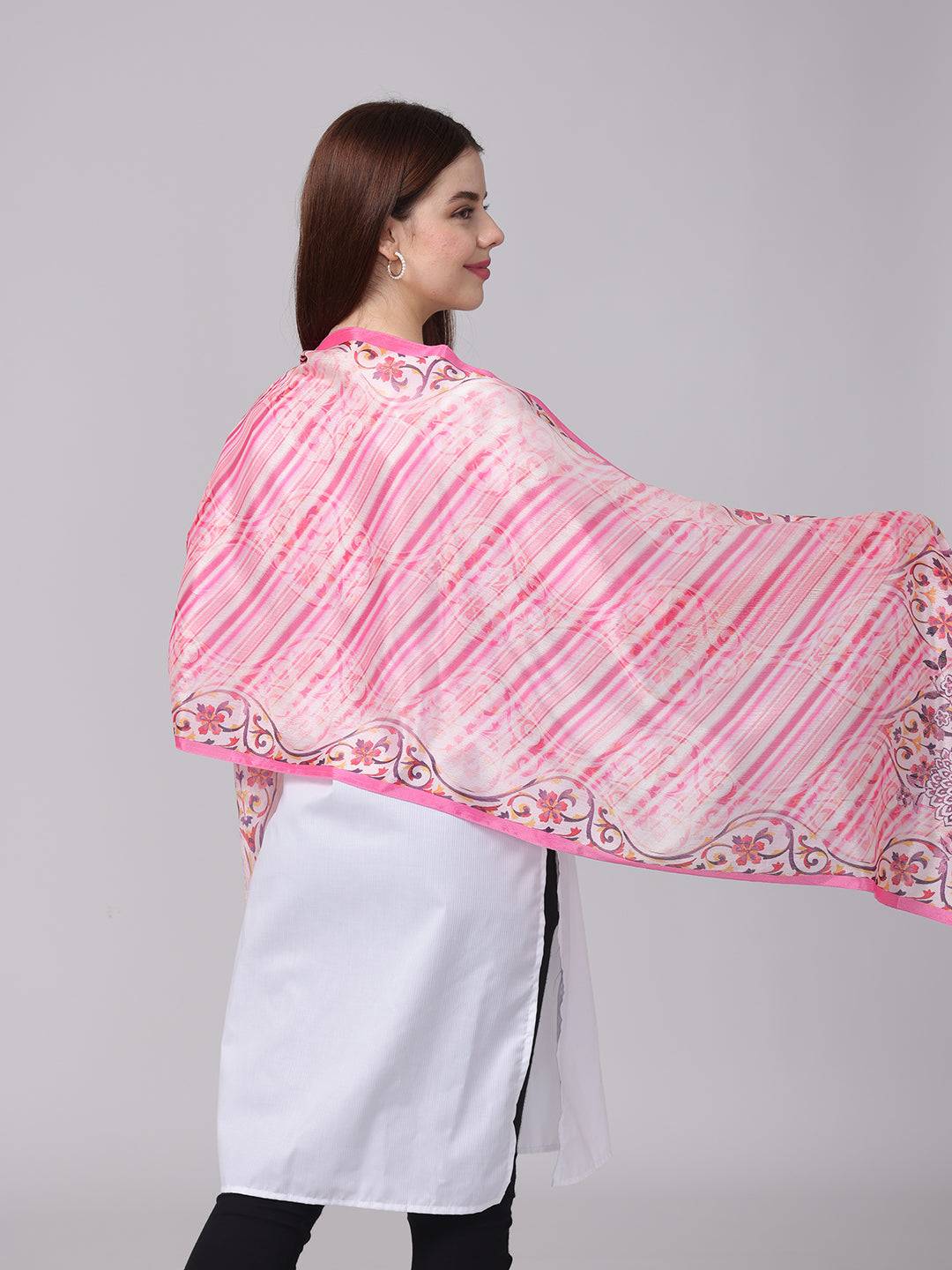 Side view of pink Radiant Blossom Stripe Scarf on model.