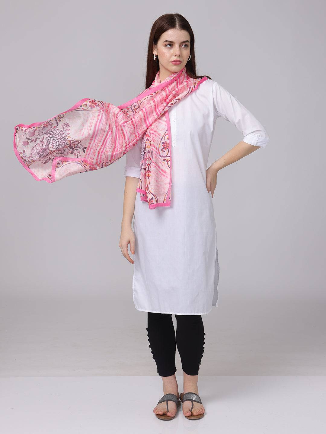 Pink Radiant Blossom Stripe Scarf styled elegantly on model.