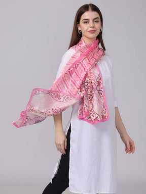 Model showcasing pink Radiant Blossom Stripe Scarf with flair.
