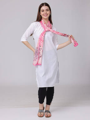 Model wearing pink Radiant Blossom Stripe Scarf with floral design.