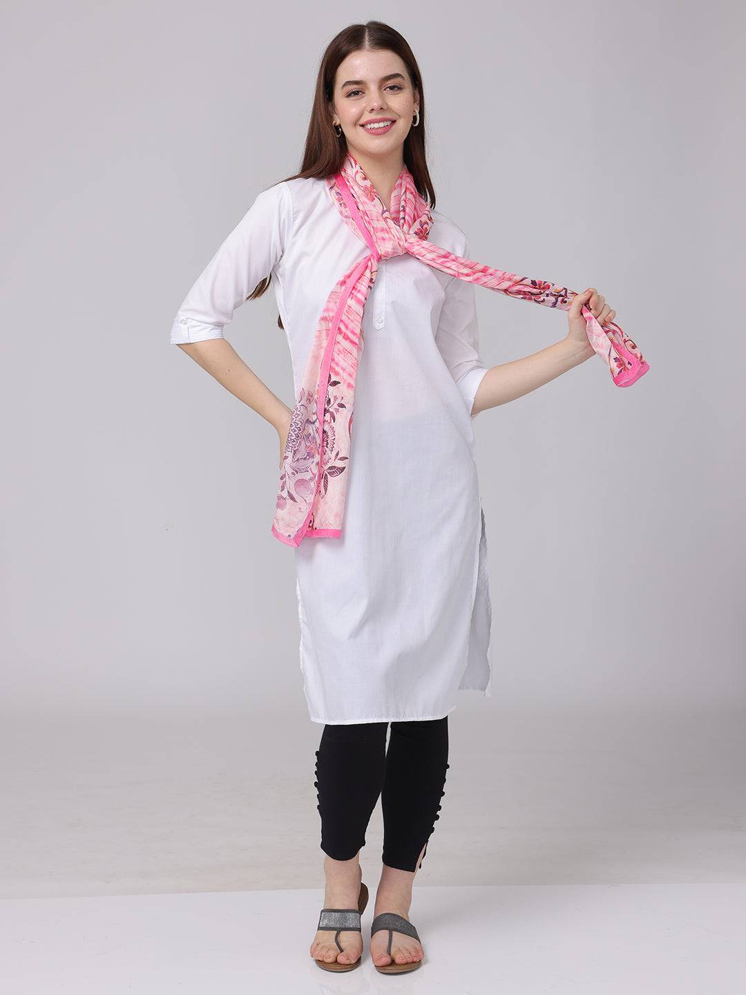 Model wearing pink Radiant Blossom Stripe Scarf with floral design.