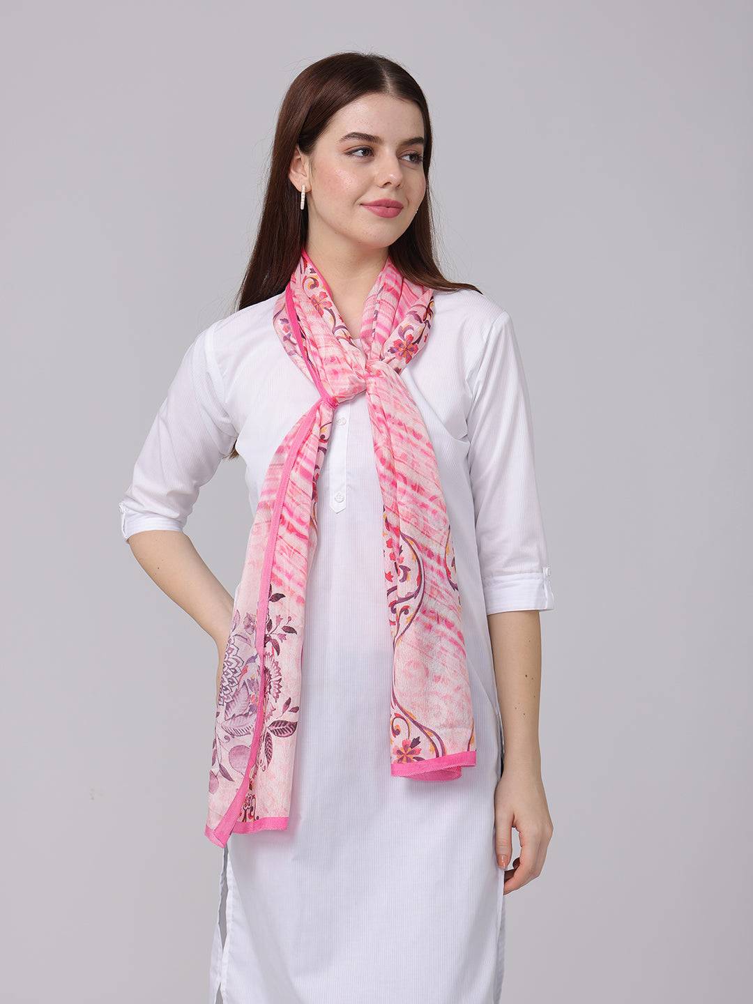 Radiant Blossom Stripe Scarf in pink, draped on model.