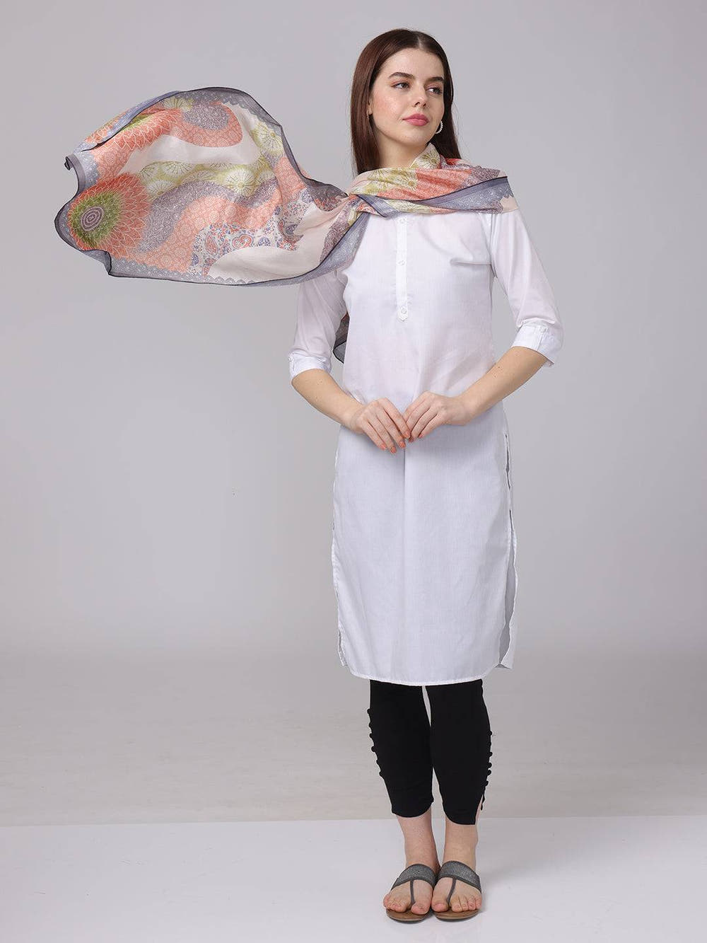 Flowing Vibrant Paisley Print Scarf on model
