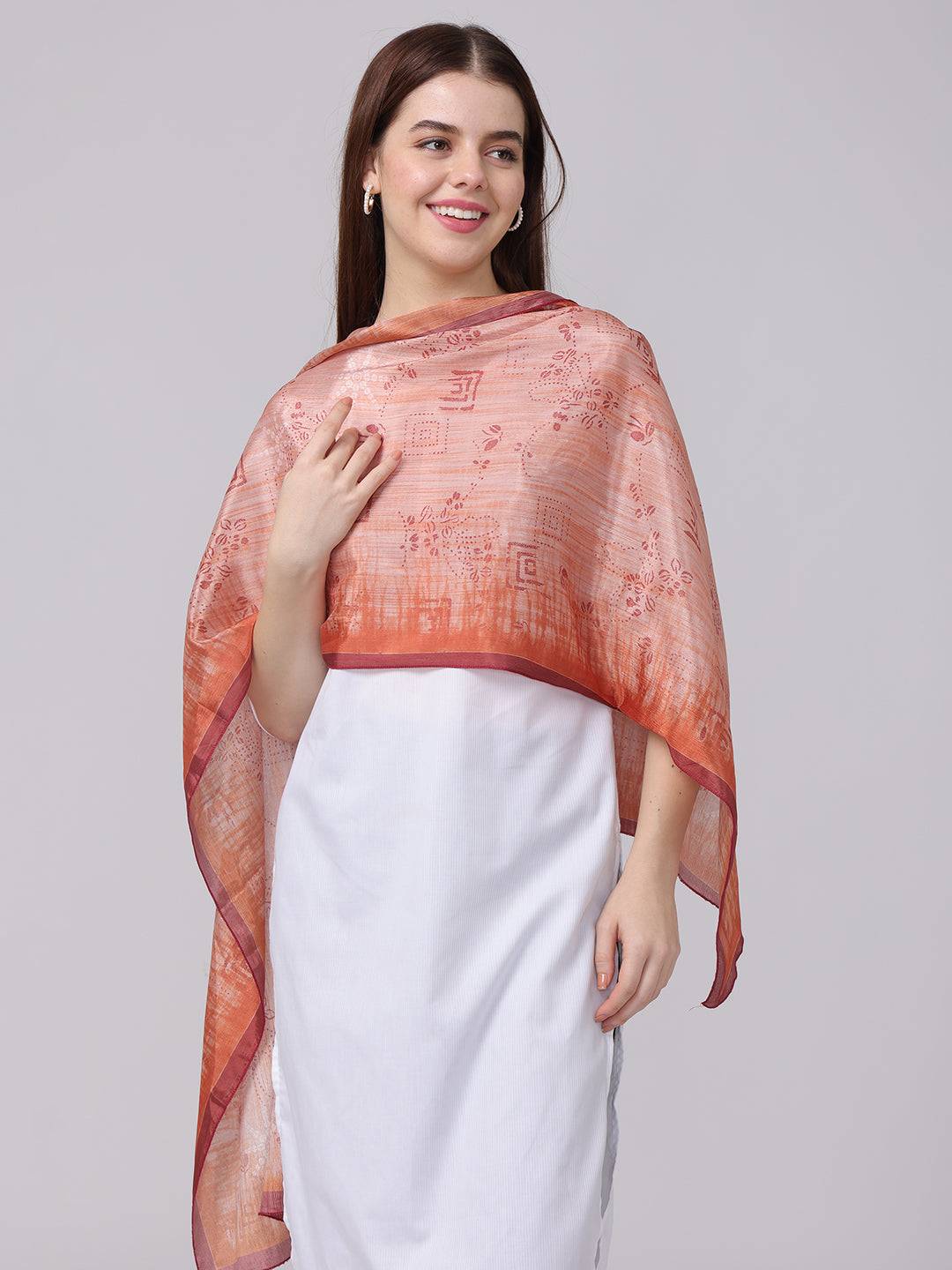 Rustic floral geometric scarf draped over shoulders