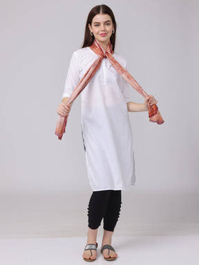 Rustic floral geometric scarf styled with white outfit