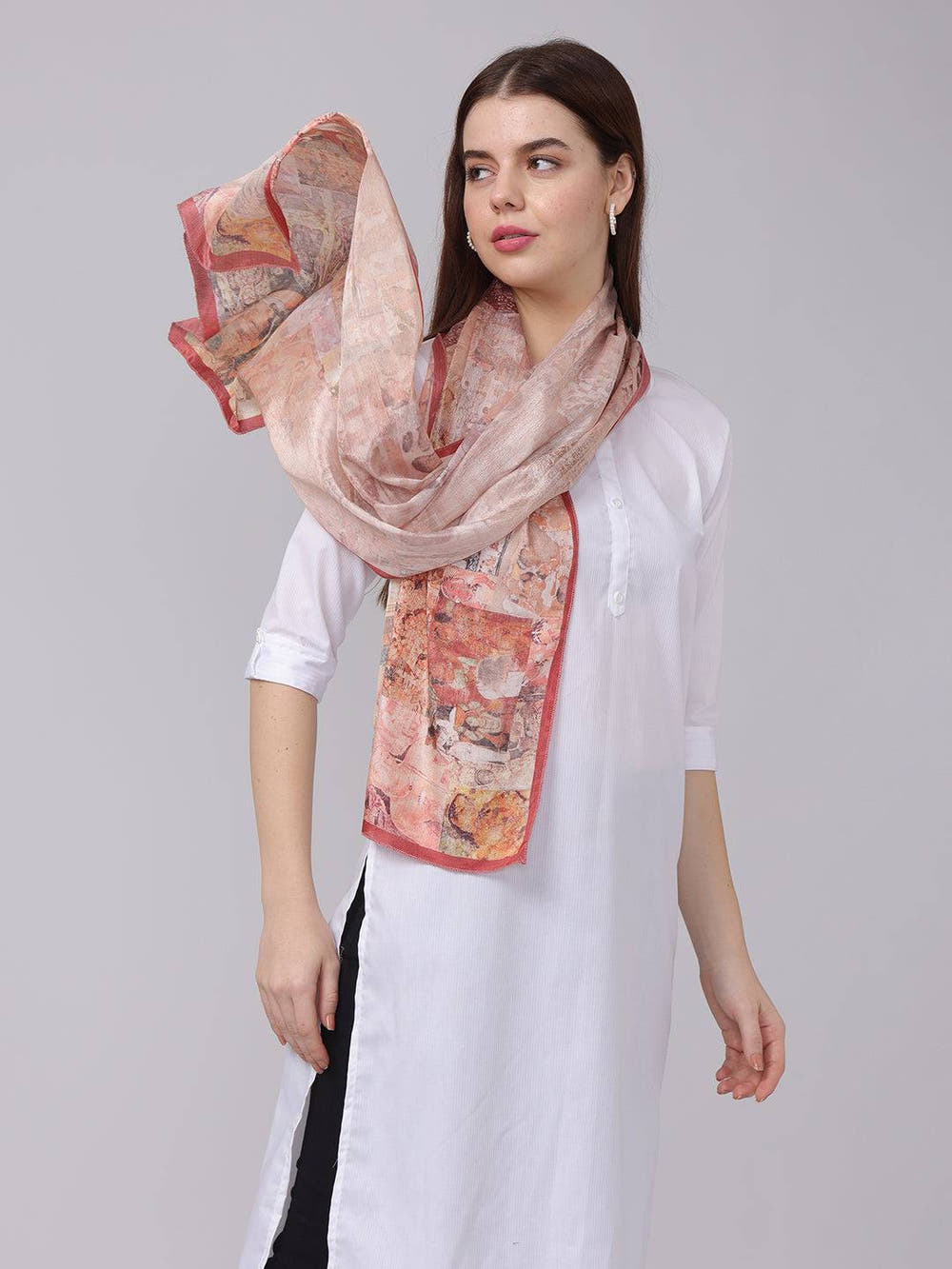 Blush Breeze Miniature Print Scarf wrapped around neck.