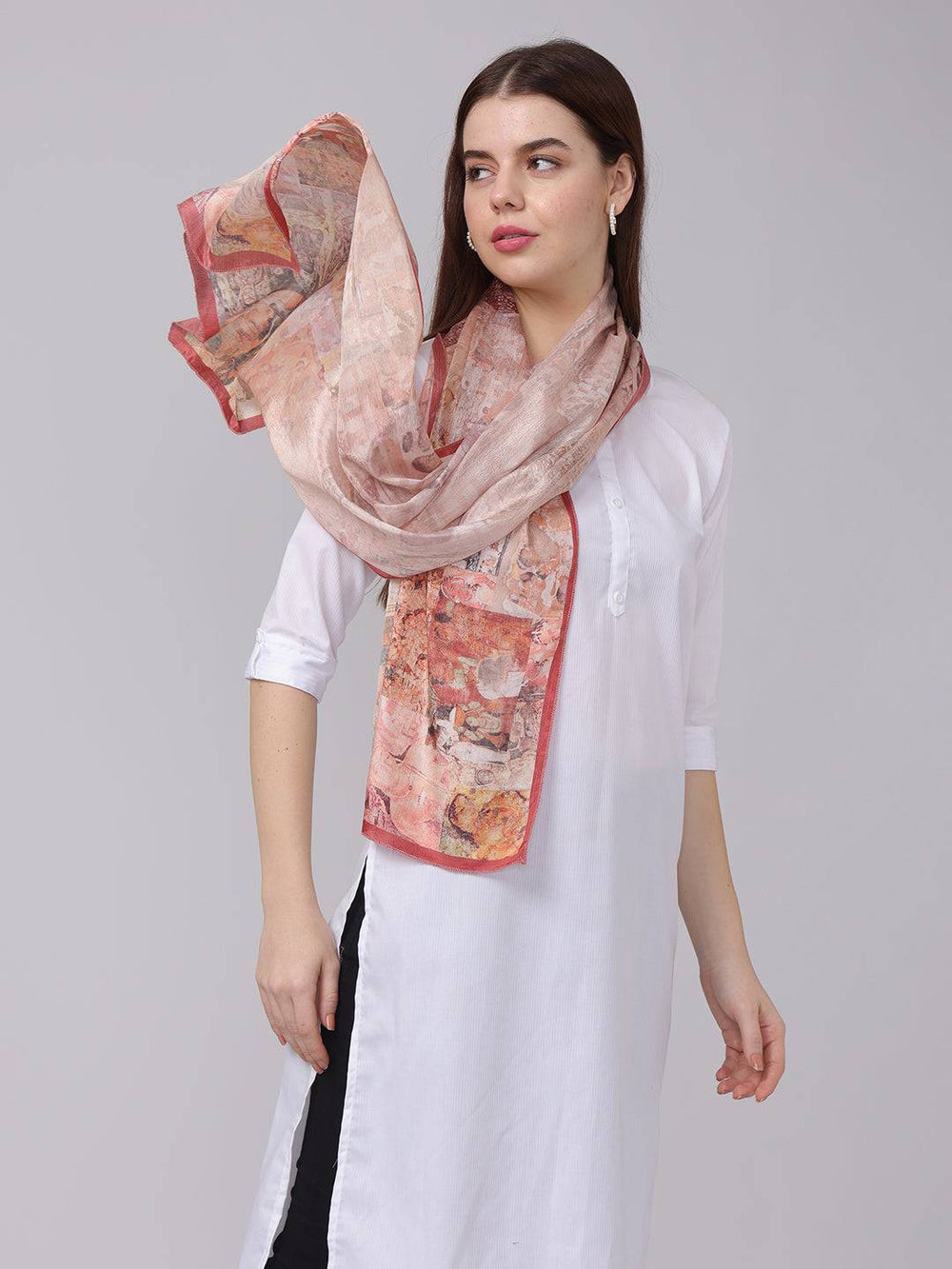 Blush Breeze Miniature Print Scarf wrapped around neck.