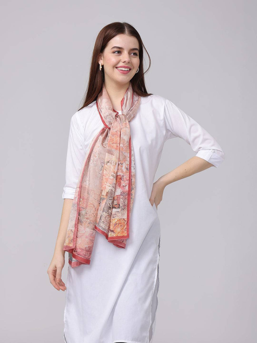 Blush Breeze Miniature Print Scarf styled with white outfit.