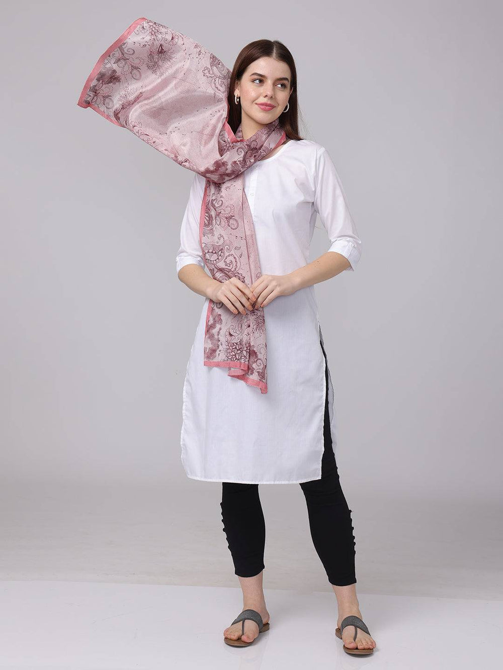 Crepe pink floral printed scarf styled with white tunic