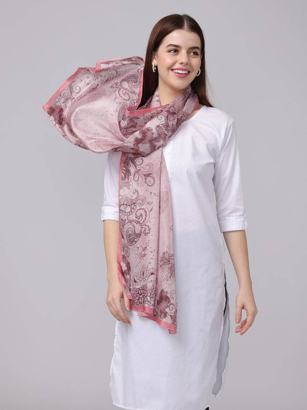 Model wearing crepe pink floral printed scarf elegantly