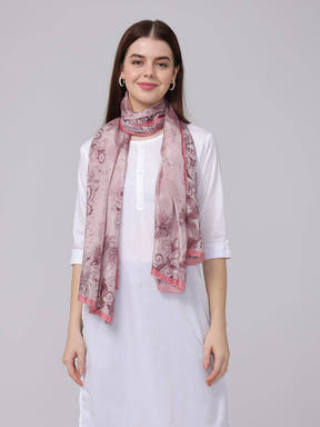 Crepe pink floral printed scarf worn with white outfit