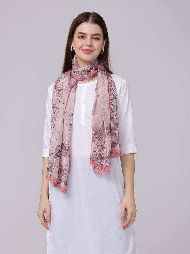 Crepe pink floral printed scarf worn with white outfit