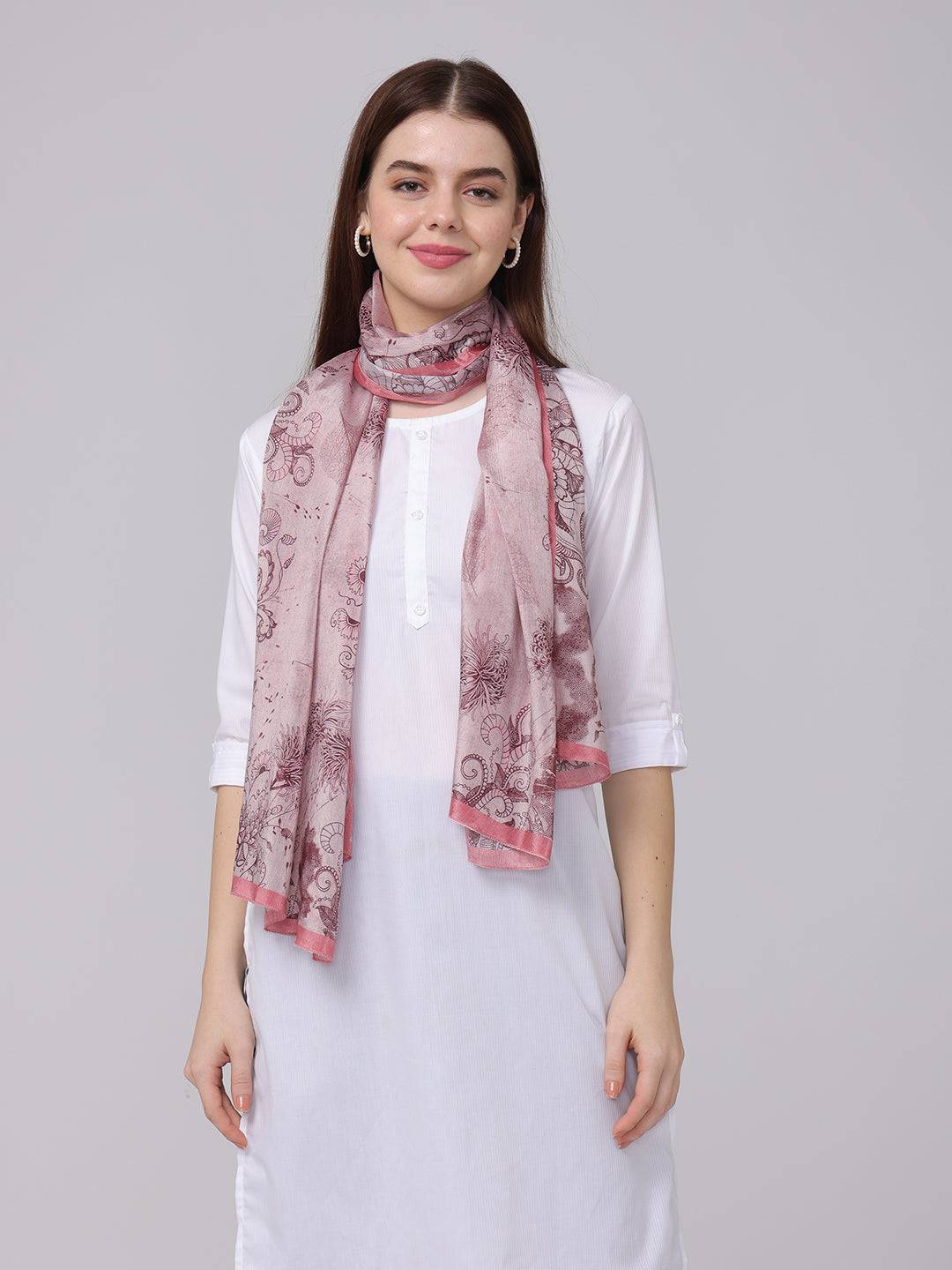 Crepe pink floral printed scarf worn with white outfit