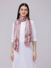 Crepe pink floral printed scarf worn with white outfit