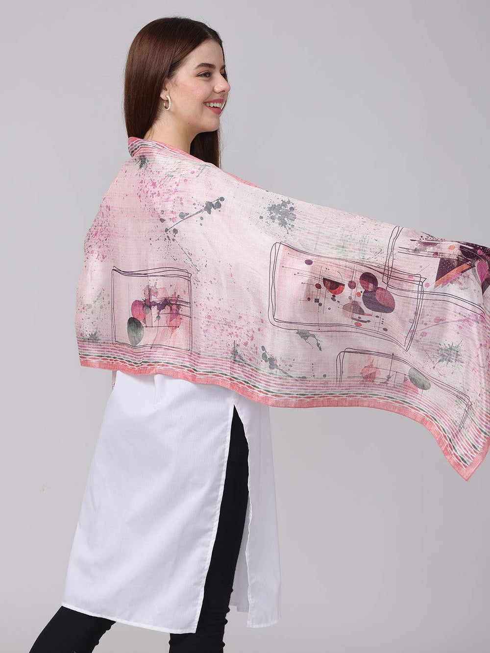 Side view of abstract printed blossom scarf with artistic patterns.