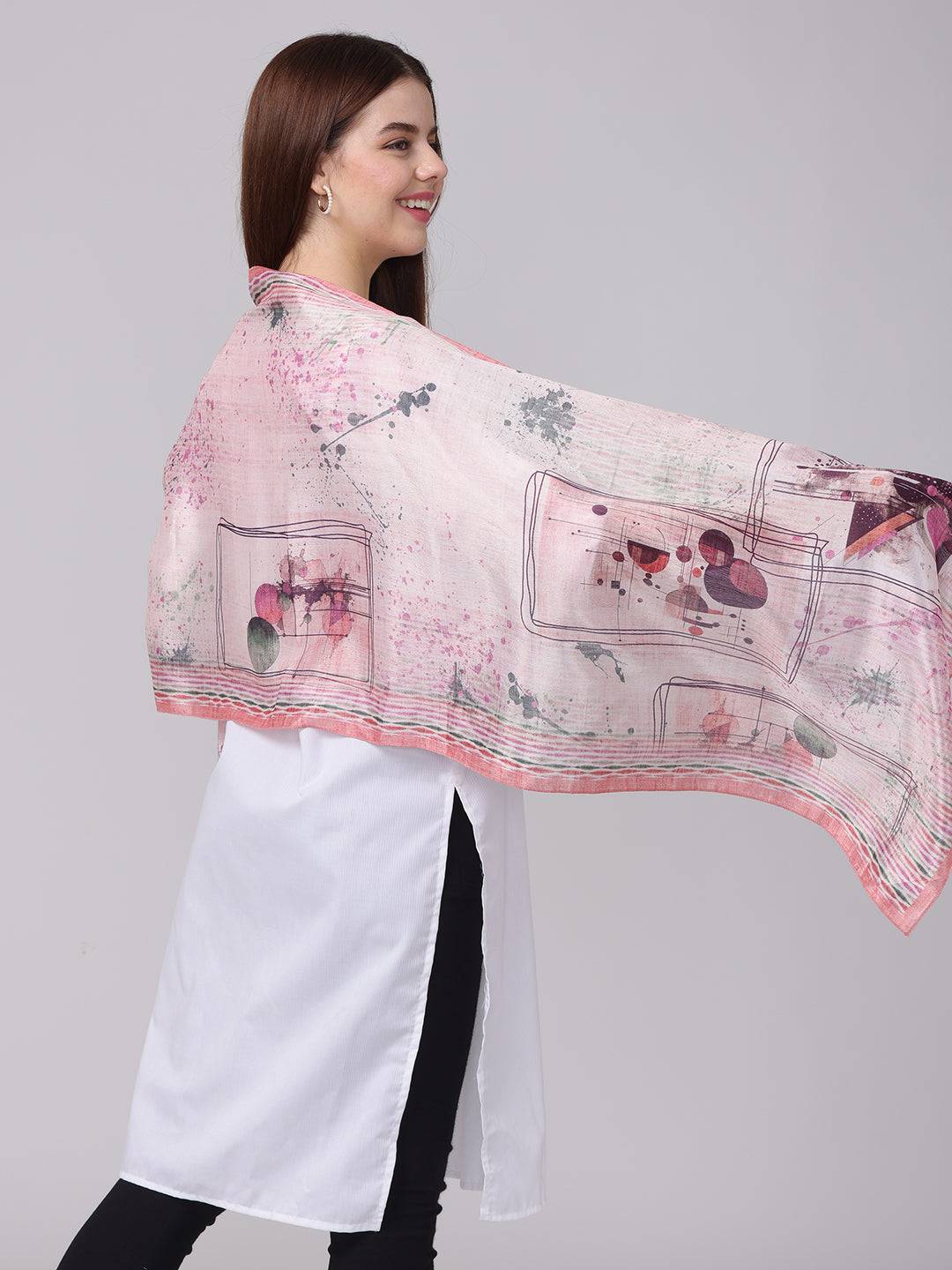Side view of abstract printed blossom scarf with artistic patterns.
