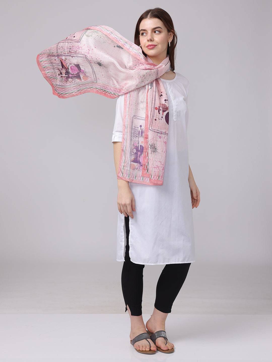 Flowing abstract printed blossom scarf in pink, gray, and green.