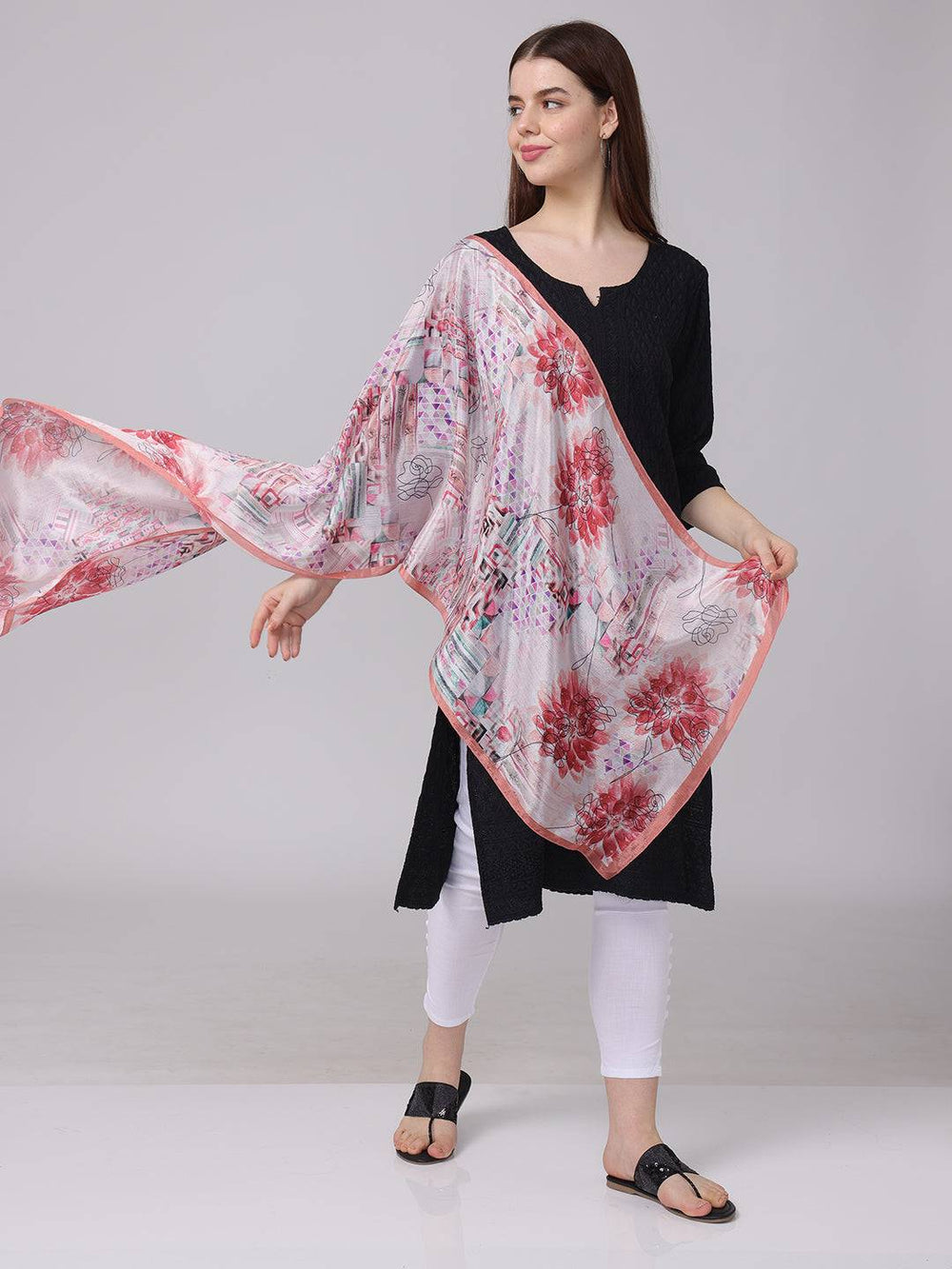 Flowing floral and geometric print scarf