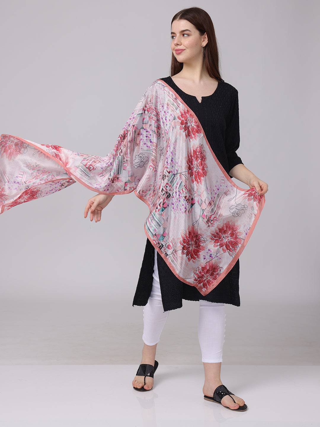 Flowing floral and geometric print scarf
