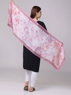 Back view of pink paisley and floral scarf spread wide
