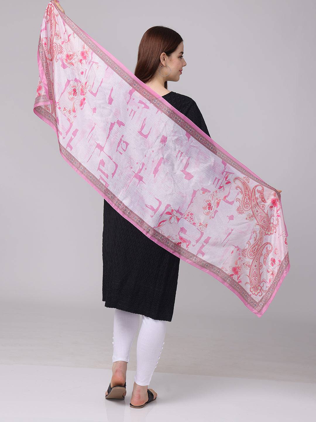 Back view of pink paisley and floral scarf spread wide