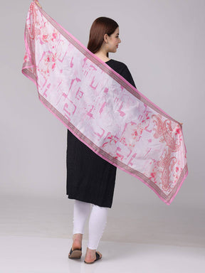 Back view of pink paisley and floral scarf spread wide