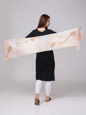 Model displaying Floral Swirling Patterns Scarf spread wide