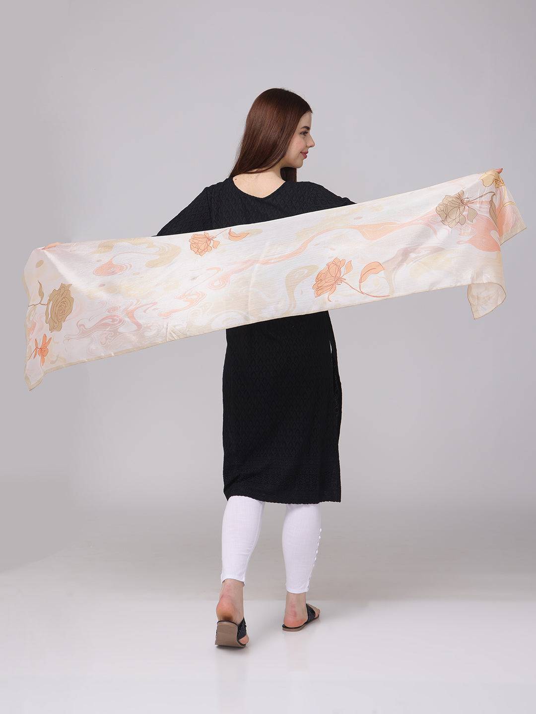 Model displaying Floral Swirling Patterns Scarf spread wide