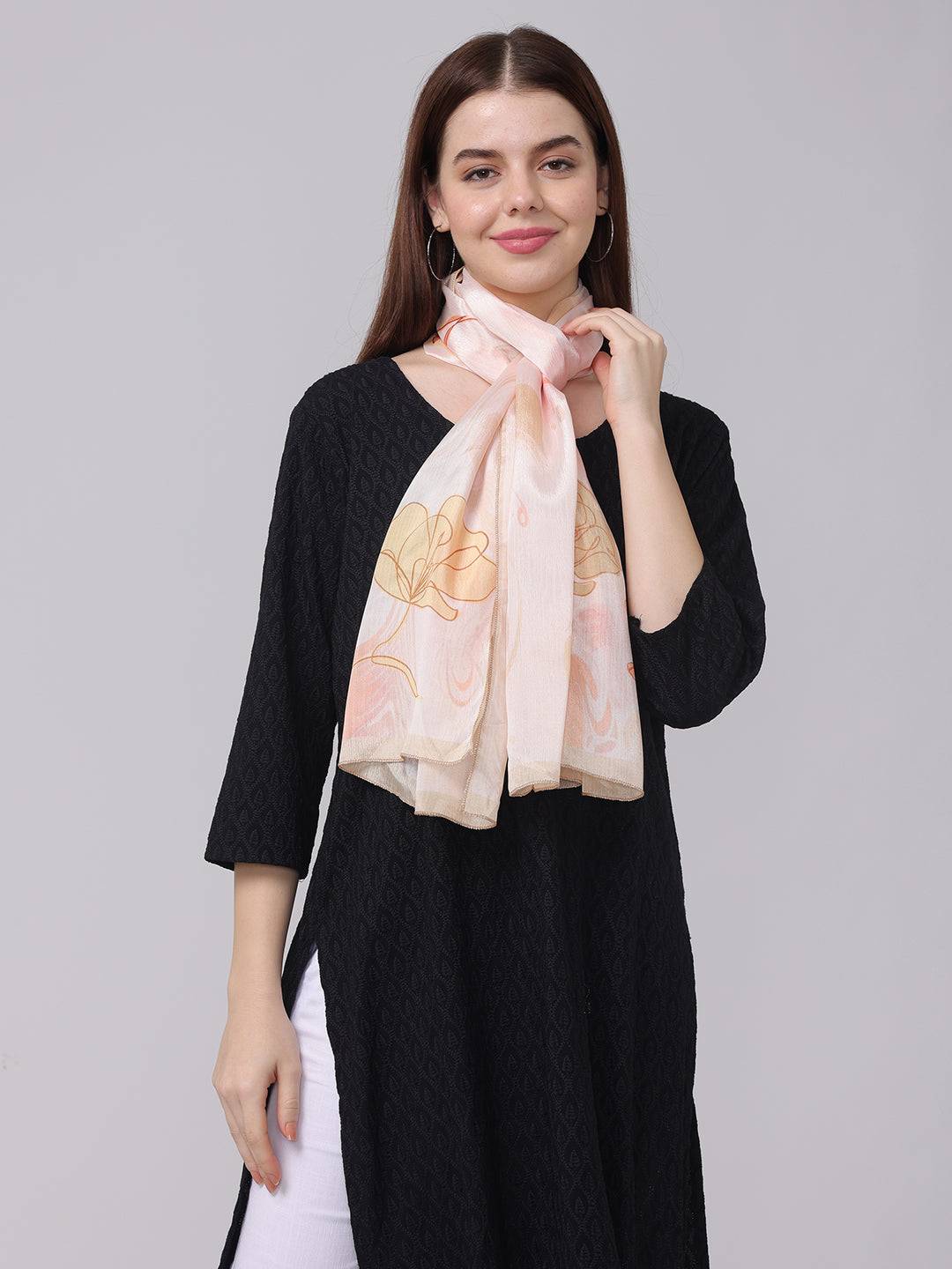 Floral Swirling Patterns Scarf worn with black dress