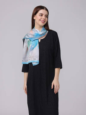 Vibrant Aqua Dream Scarf draped over shoulder