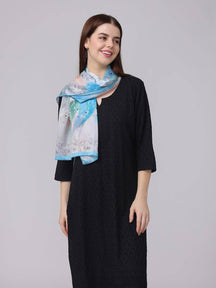 Vibrant Aqua Dream Scarf draped over shoulder