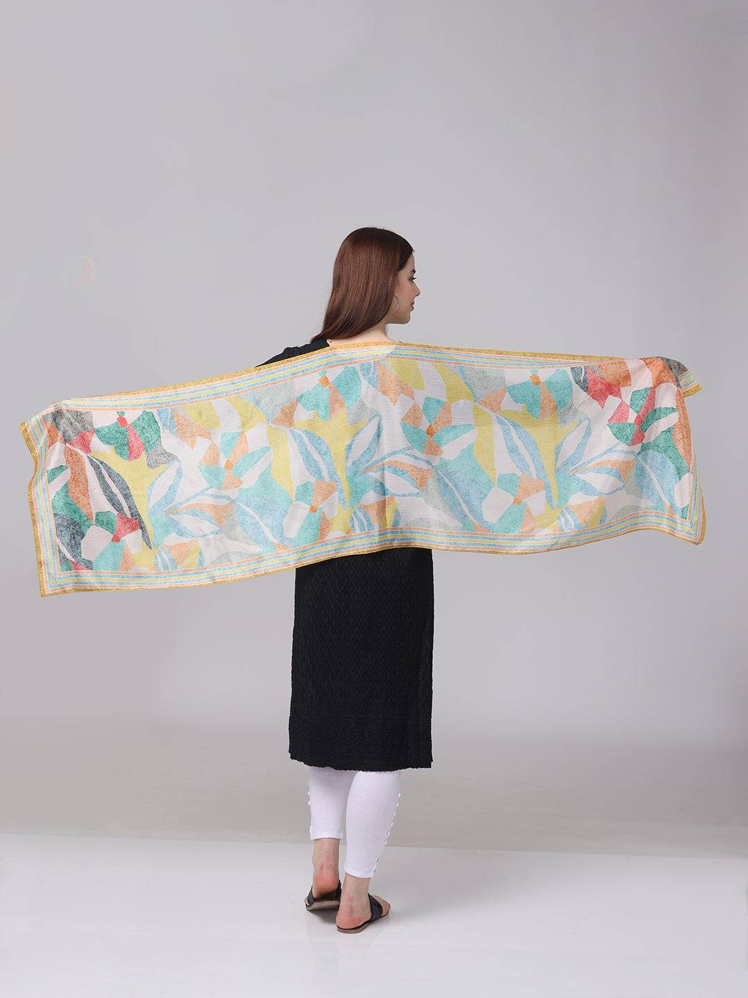 Wide view of abstract design scarf showcasing full pattern.