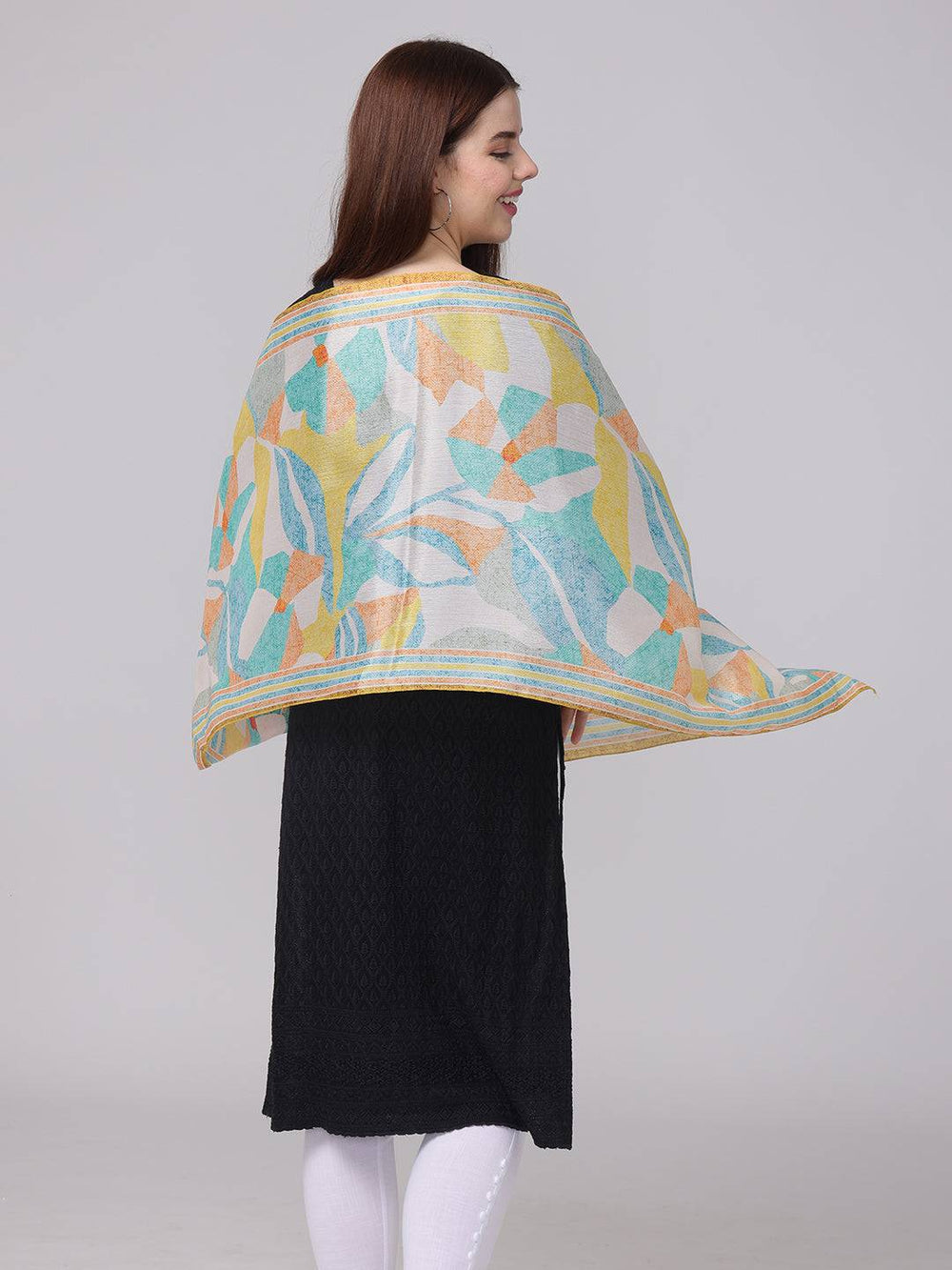 Back view of abstract design scarf with mosaic pattern.
