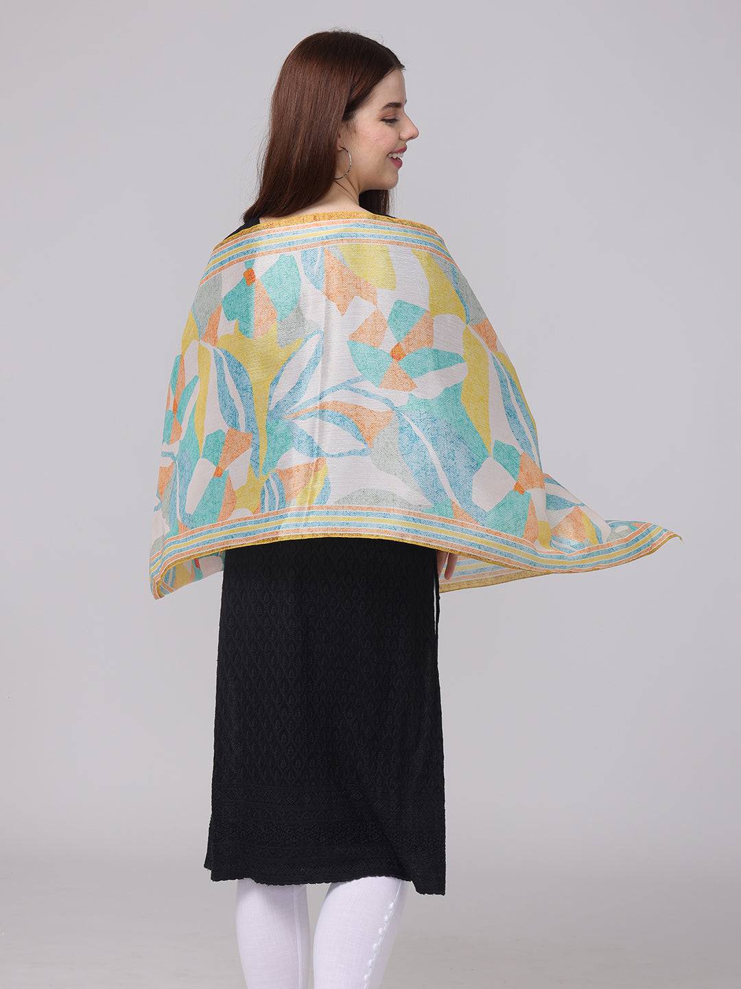 Back view of abstract design scarf with mosaic pattern.