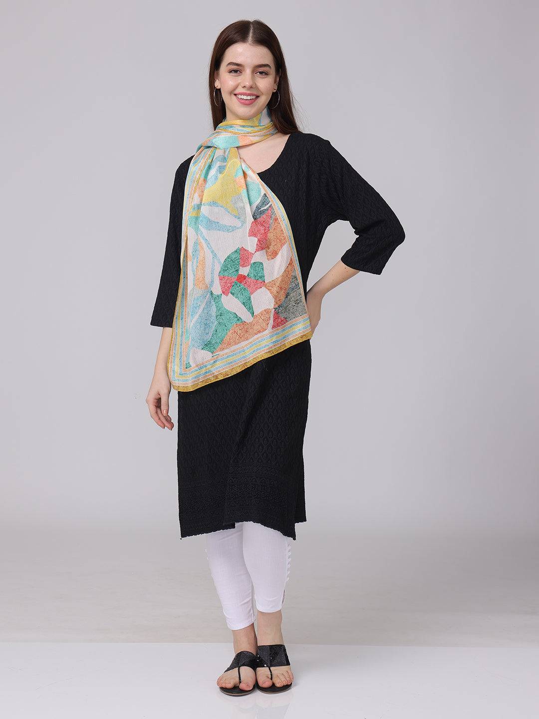 Front view of abstract design scarf with geometric pattern.
