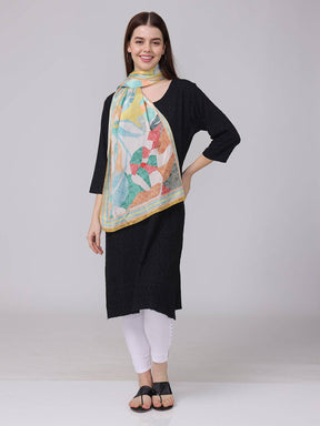 Front view of abstract design scarf with geometric pattern.
