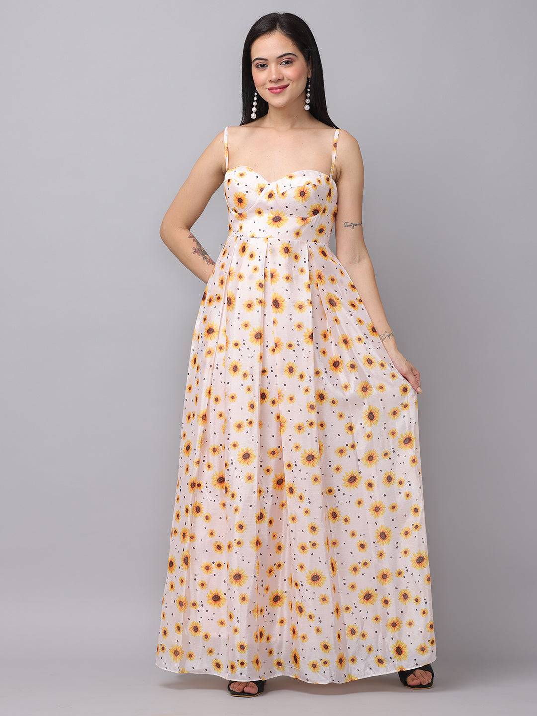 White sunflower printed dress with sweetheart neckline, front view.