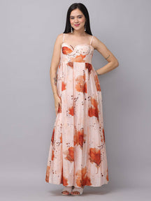 Peach color corset dress with floral pattern, front view.