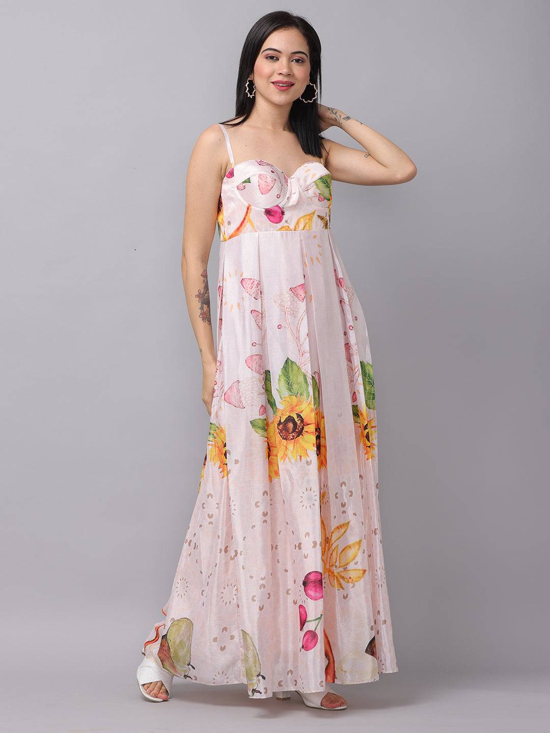 Floral chiffon dress with sweetheart neckline, front view