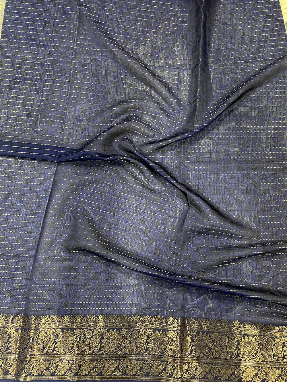 Navy Dola Silk Bird Print Saree