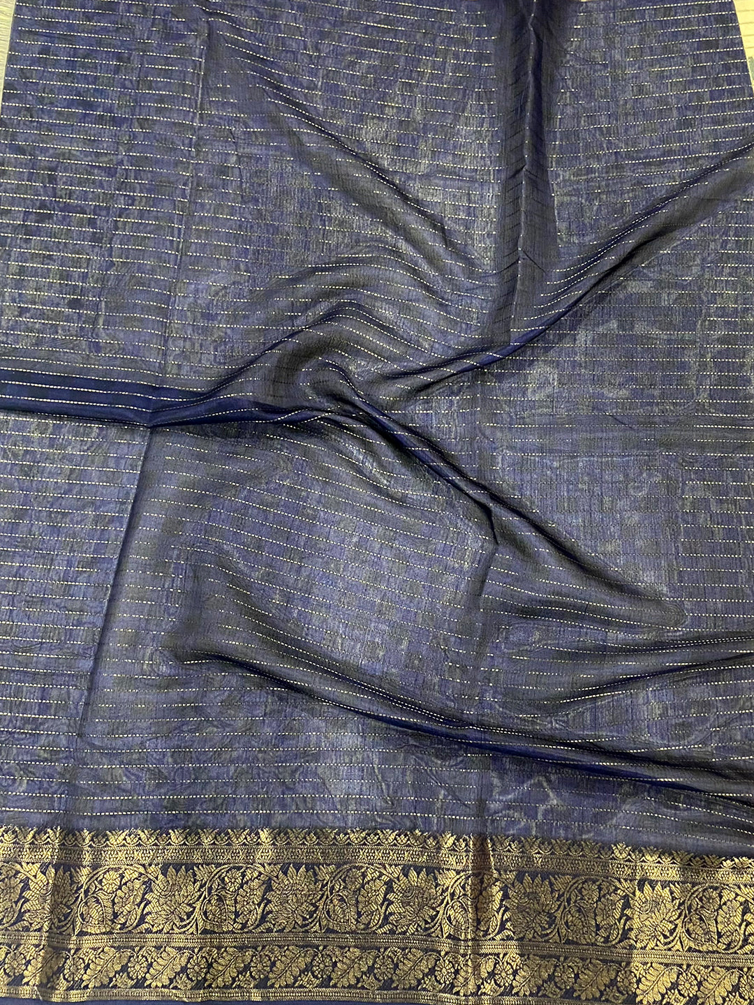 Navy Dola Silk Bird Print Saree