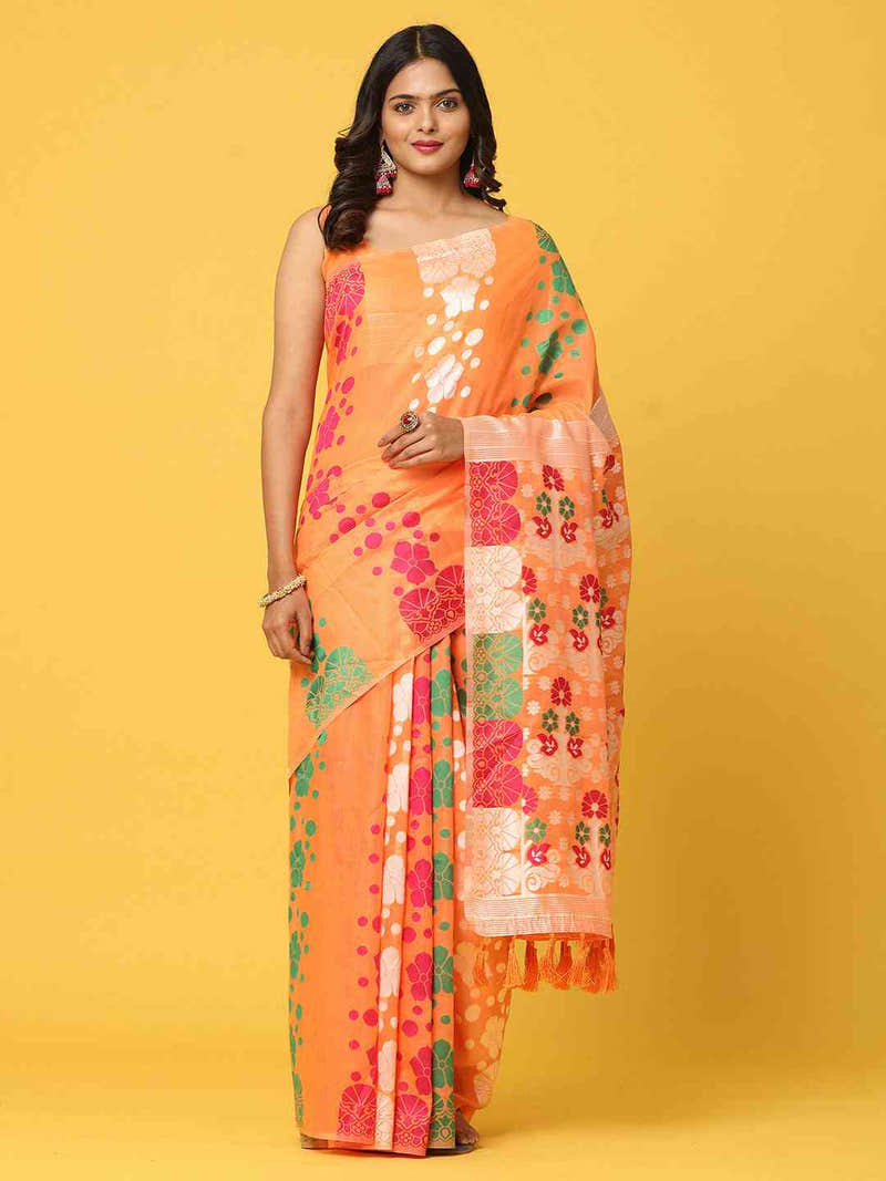 Rich Orange Dhakai Jamdani Cotton Silk Saree