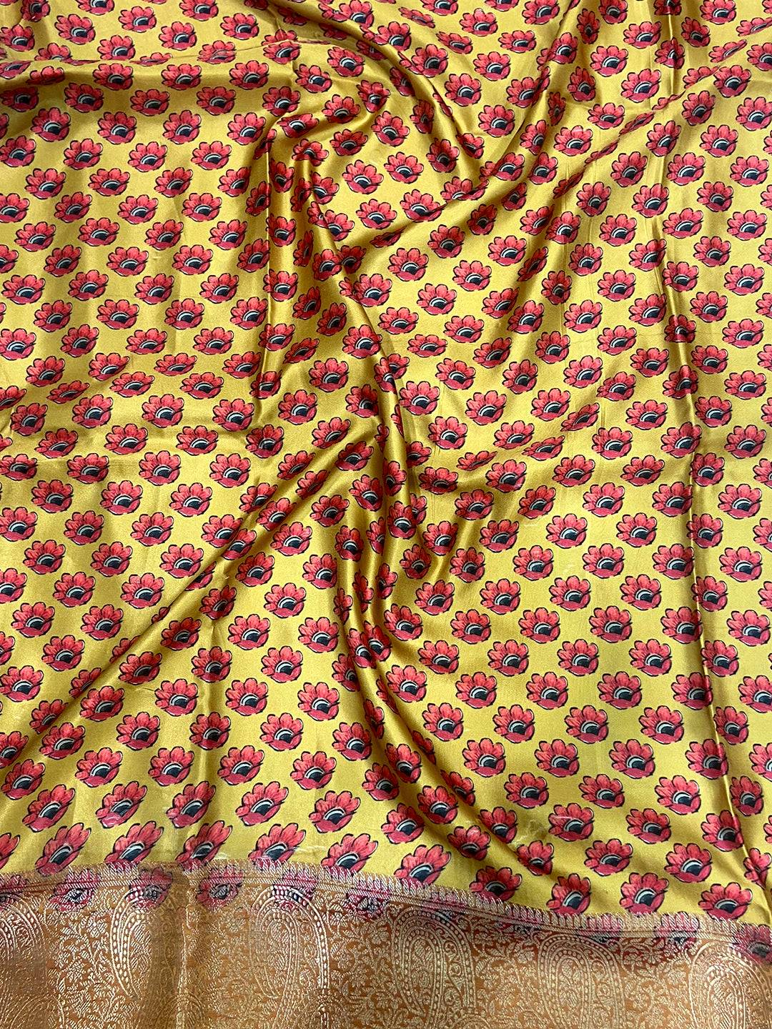Mint Green Cherry Satin Kalamkari Saree