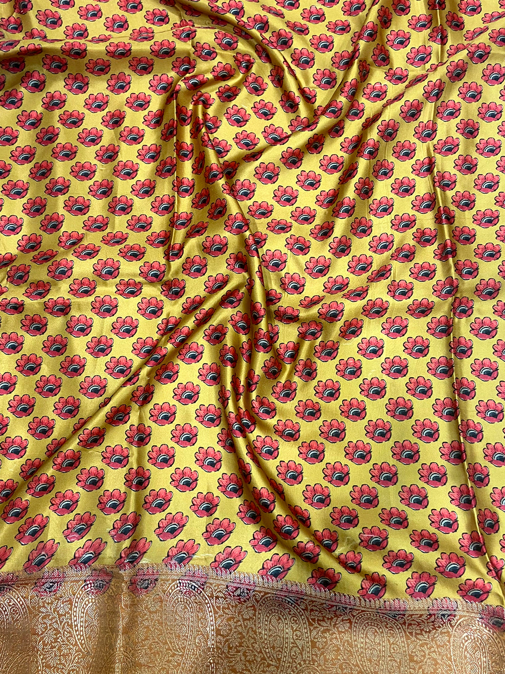 Mint Green Cherry Satin Kalamkari Saree