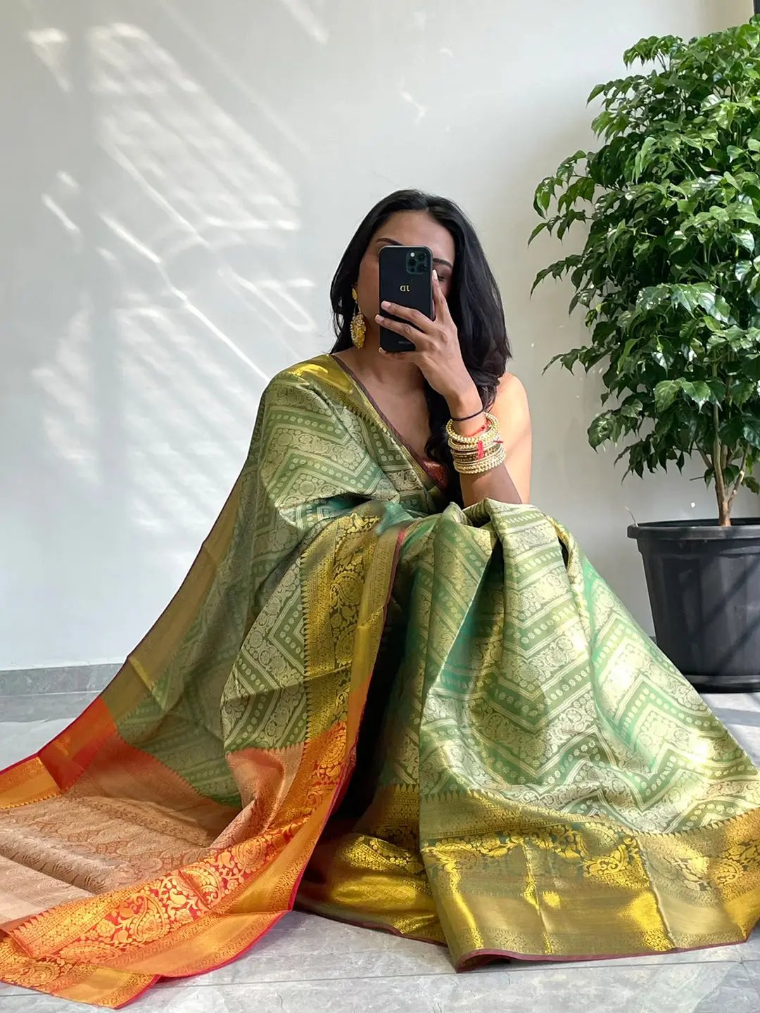 Exquisite gold zari Kanjivaaram saree with vibrant design.