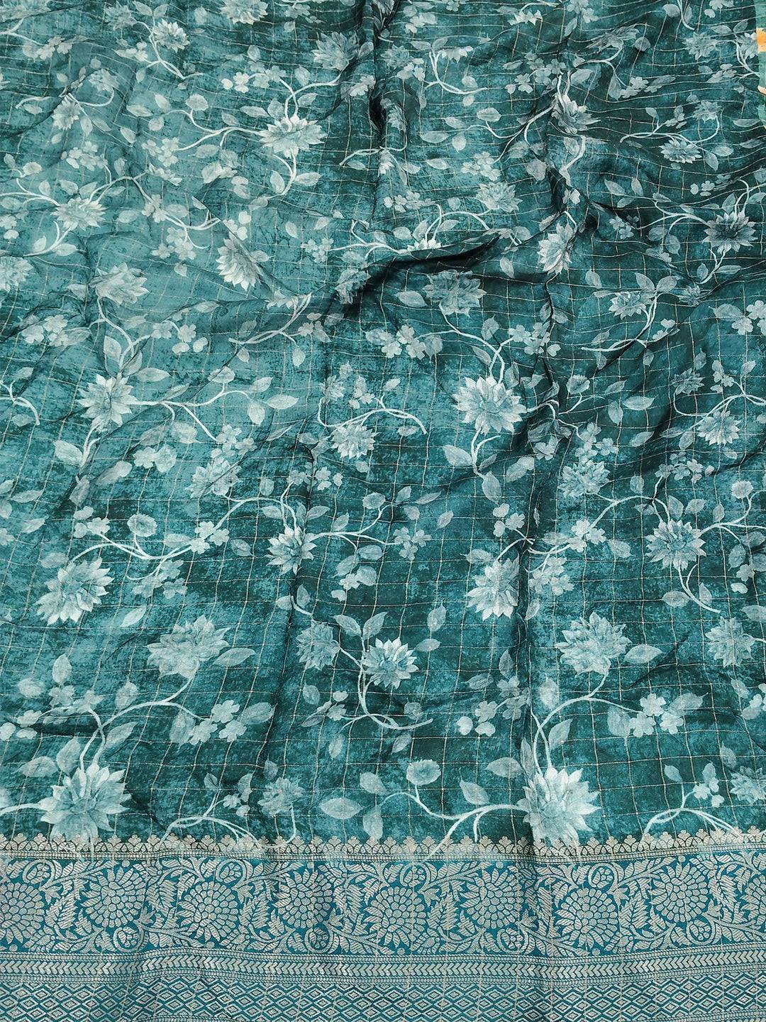 Teal Pure Viscose Floral Printed Saree