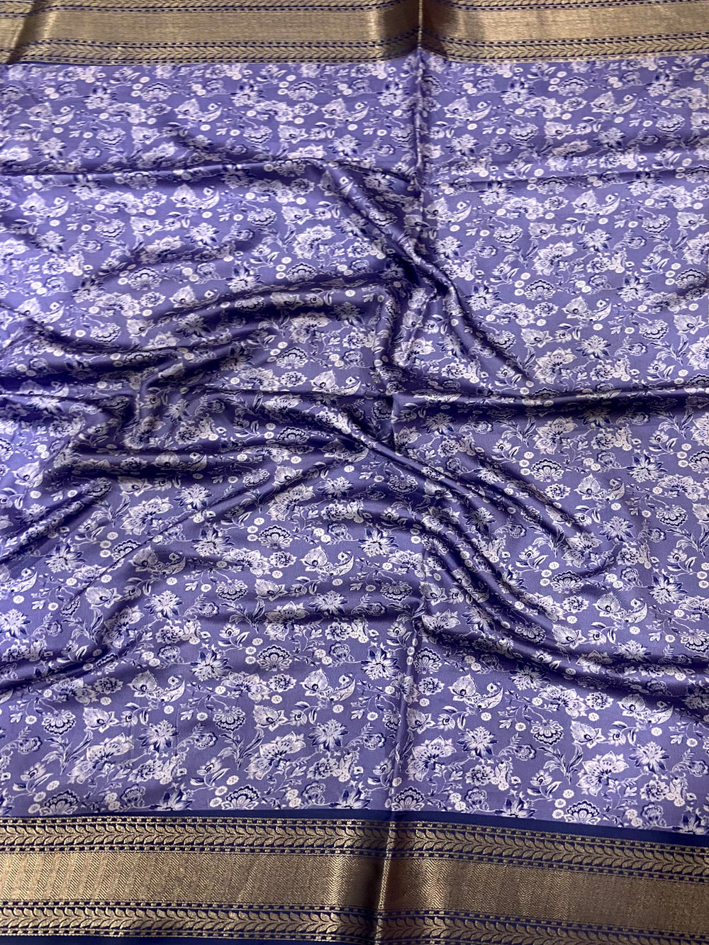 Royal Blue Mughal Kalamkari Print Pashmina Saree
