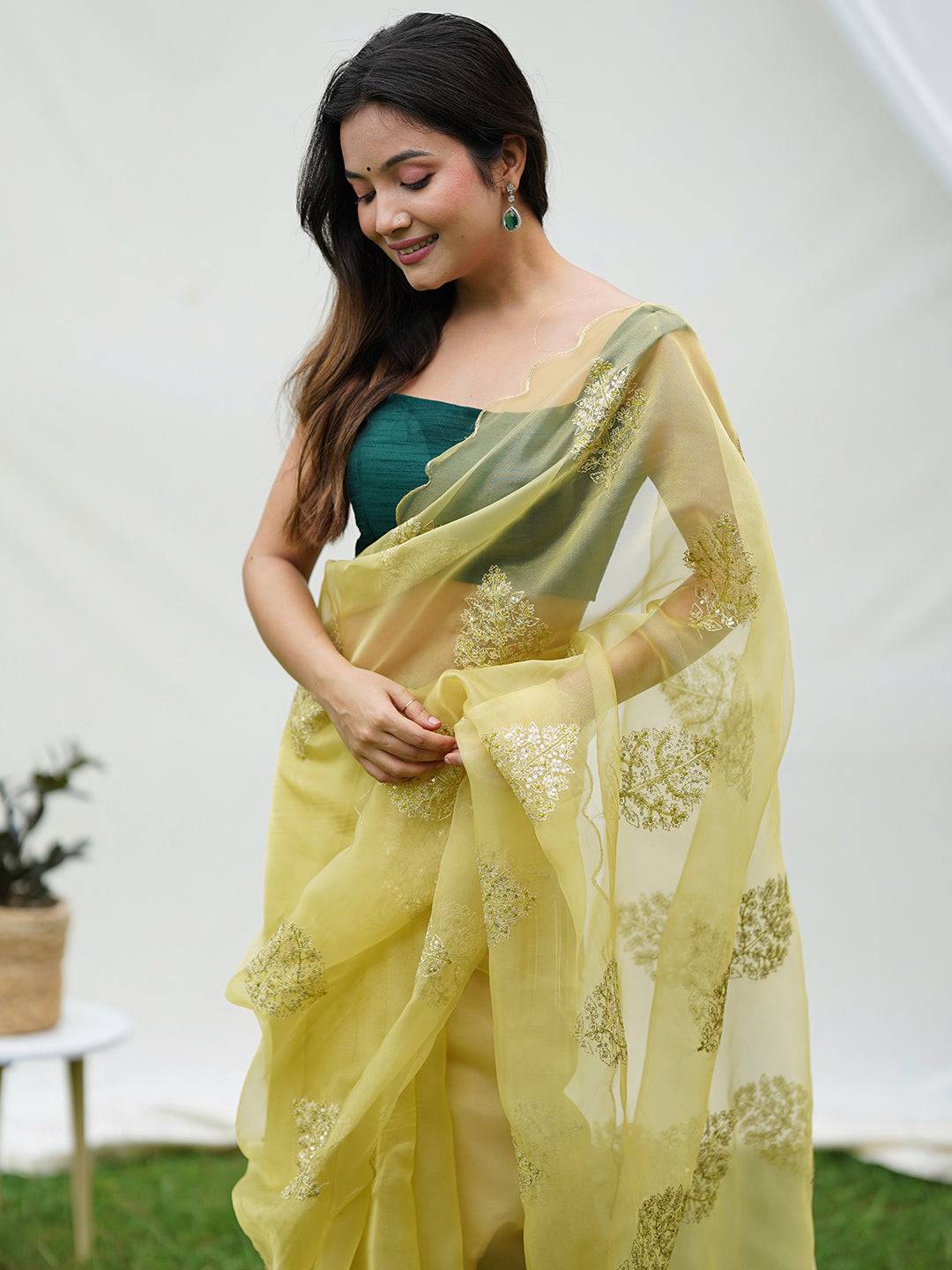 Yellow Soft Organza Silk Saree With Embroidery Sequence Work