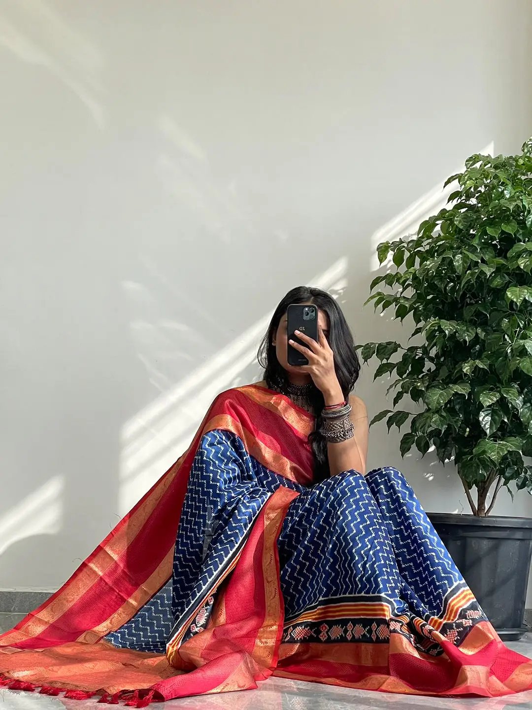 Seated pose with Soft Gadwal Border Pochampally Print Saree