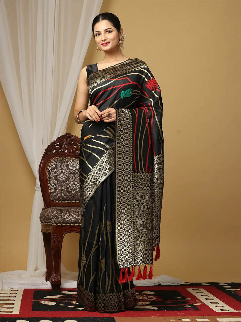 Black Katan Silk Saree with Lotus Print and Gold Zari Border